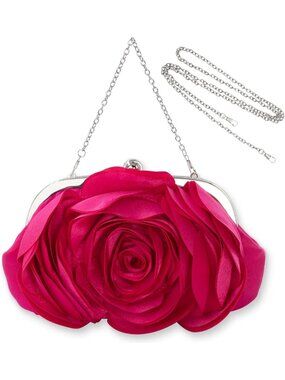 Women's Rose Mini Clutch Bags Hot Pink Evening Handbag with Detachable Chain